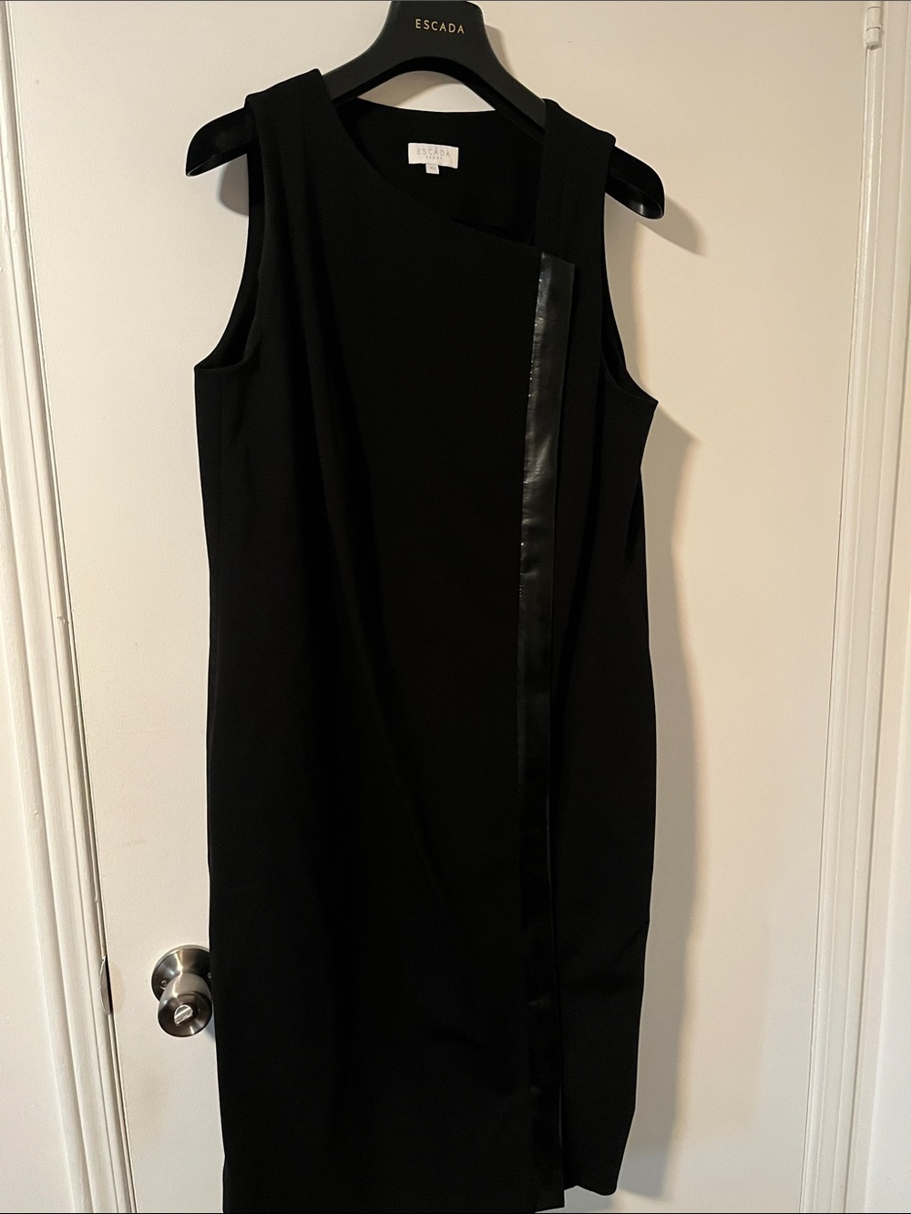 Escada Black Sleeveless Shift Dress with Leather-Trim Detail